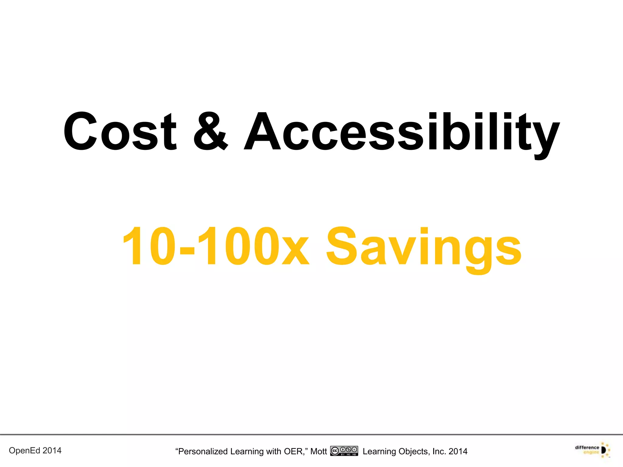 Cost & Accessibility 
10-100x Savings 
OpenEd 2014 “Personalized Learning with OER,” Mott Learning Objects, Inc. 2014 
 