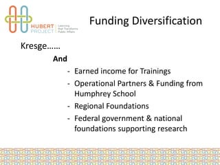 Funding Diversification
Kresge……
And
- Earned income for Trainings
- Operational Partners & Funding from
Humphrey School
-...