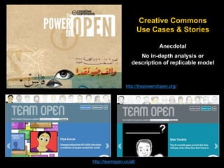 http://thepowerofopen.org/
http://teamopen.cc/all/
Creative Commons
Use Cases & Stories
Anecdotal
No in-depth analysis or
...