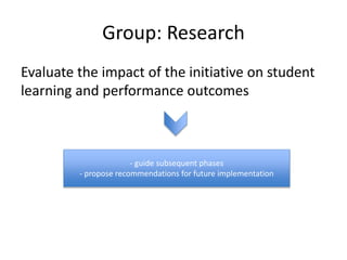 Group: Research
Evaluate the impact of the initiative on student
learning and performance outcomes
- guide subsequent phases
- propose recommendations for future implementation
 