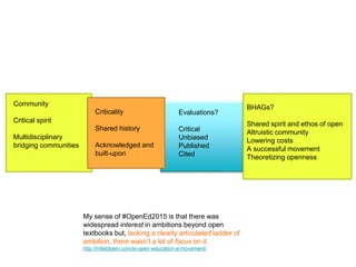 BHAGs?
Shared spirit and ethos of open
Altruistic community
Lowering costs
A successful movement
Theoretizing openness
Evaluations?
Critical
Unbiased
Published
Cited
Criticality
Shared history
Acknowledged and
built-upon
Community
Critical spirit
Multidisciplinary
bridging communities
My sense of #OpenEd2015 is that there was
widespread interest in ambitions beyond open
textbooks but, lacking a clearly articulated ladder of
ambition, there wasn’t a lot of focus on it.
http://mfeldstein.com/is-open-education-a-movement/
 