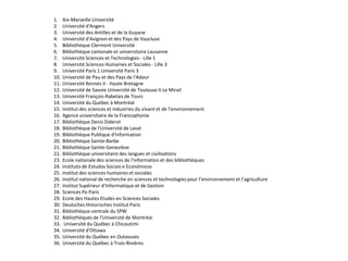 1.    Aix-Marseille Université
2.    Université d'Angers
3.    Université des Antilles et de la Guyane
4.    Université d'Avignon et des Pays de Vaucluse
5.    Bibliothèque Clermont Université
6.    Bibliothèque cantonale et universitaire Lausanne
7.    Université Sciences et Technologies - Lille 1
8.    Université Sciences Humaines et Sociales - Lille 3
9.    Université Paris 1 Université Paris 3
10.   Université de Pau et des Pays de l'Adour
11.   Université Rennes II - Haute Bretagne
12.   Université de Savoie Université de Toulouse II-Le Mirail
13.   Université François-Rabelais de Tours
14.   Université du Québec à Montréal
15.   Institut des sciences et industries du vivant et de l'environnement
16.   Agence universitaire de la Francophonie
17.   Bibliothèque Denis Diderot
18.   Bibliothèque de l'Université de Laval
19.   Bibliothèque Publique d'Information
20.   Bibliothèque Sainte-Barbe
21.   Bibliothèque Sainte-Geneviève
22.   Bibliothèque universitaire des langues et civilisations
23.   Ecole nationale des sciences de l'information et des bibliothèques
24.   Instituto de Estudos Sociais e Económicos
25.   Institut des sciences humaines et sociales
26.   Institut national de recherche en sciences et technologies pour l’environnement et l’agriculture
27.   Institut Supérieur d’Informatique et de Gestion
28.   Sciences Po Paris
29.   Ecole des Hautes Etudes en Sciences Sociales
30.   Deutsches Historisches Institut Paris
31.   Bibliothèque centrale du SPW
32.   Bibliothèques de l'Université de Montréal
33.    Université du Québec à Chicoutimi
34.   Université d'Ottawa
35.   Université du Québec en Outaouais
36.   Université du Québec à Trois-Rivières
 