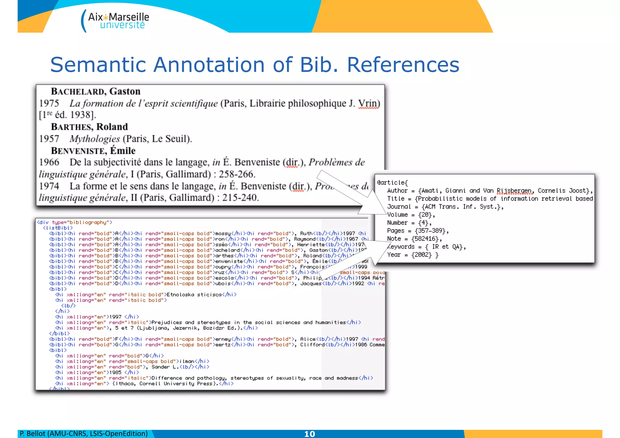 P.	
  Bellot	
  (AMU-­‐CNRS,	
  LSIS-­‐OpenEdition)
Semantic Annotation of Bib. References
10
 