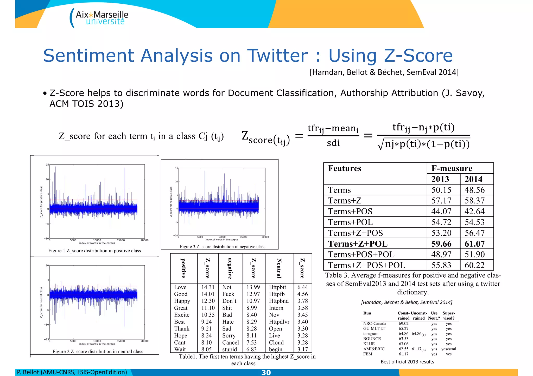 P.	
  Bellot	
  (AMU-­‐CNRS,	
  LSIS-­‐OpenEdition)
Sentiment Analysis on Twitter : Using Z-Score
• Z-Score helps to discriminate words for Document Classification, Authorship Attribution (J. Savoy,
ACM TOIS 2013)
30
Z_score for each term ti in a class Cj (tij) by cal-
culating its term relative frequency tfrij in a par-
ticular class Cj, as well as the mean (meani)
which is the term probability over the whole cor-
pus multiplied by nj the number of terms in the
class Cj, and standard deviation (sdi) of term ti
according to the underlying corpus (see Eq.
(1,2)).
Z!"#$% !!"
=
!"#!"!!"#$!
!"#
Eq. (1)
Z!"#$% !!"
=
!"#!"!!!∗!(!")
!"∗! !" ∗(!!!(!"))
Eq. (2)
The term which has salient frequency in a class
in compassion to others will have a salient
Z_score. Z_score was exploited for SA by
(Zubaryeva and Savoy 2010) , they choose a
threshold (>2) for selecting the number of terms
having Z_score more than the threshold, then
they used a logistic regression for combining
Bing Liu's Opinion Lexicon which is created by
(Hu and Liu 2004) and augmented in many latter
works. We extract the number of positive, nega-
tive and neutral words in tweets according to the-
se lexicons. Bing Liu's lexicon only contains
negative and positive annotation but Subjectivity
contains negative, positive and neutral.
- Part Of Speech (POS)
We annotate each word in the tweet by its POS
tag, and then we compute the number of adjec-
tives, verbs, nouns, adverbs and connectors in
each tweet.
4 Evaluation
4.1 Data collection
We used the data set provided in SemEval 2013
and 2014 for subtask B of sentiment analysis in
Twitter(Rosenthal, Ritter et al. 2014) (Wilson,
Kozareva et al. 2013). The participants were
provided with training tweets annotated as posi-
Z_score for each term ti in a class Cj (tij) by cal-
culating its term relative frequency tfrij in a par-
ticular class Cj, as well as the mean (meani)
which is the term probability over the whole cor-
pus multiplied by nj the number of terms in the
class Cj, and standard deviation (sdi) of term ti
according to the underlying corpus (see Eq.
(1,2)).
Z!"#$% !!"
=
!"#!"!!"#$!
!"#
Eq. (1)
Z!"#$% !!"
=
!"#!"!!!∗!(!")
!"∗! !" ∗(!!!(!"))
Eq. (2)
The term which has salient frequency in a class
in compassion to others will have a salient
Z_score. Z_score was exploited for SA by
(Zubaryeva and Savoy 2010) , they choose a
threshold (>2) for selecting the number of terms
having Z_score more than the threshold, then
they used a logistic regression for combining
these scores. We use Z_scores as added features
for classification because the tweet is too short,
therefore many tweets does not have any words
with salient Z_score. The three following figures
1,2,3 show the distribution of Z_score over each
Bin
(Hu
wor
tive
se
neg
con
- Pa
We
tag,
tive
each
4
4.1
W
and
Twi
Koz
prov
tive
twe
we
of p
pus multiplied by nj the number of term
class Cj, and standard deviation (sdi) o
according to the underlying corpus (
(1,2)).
Z!"#$% !!"
=
!"#!"!!"#$!
!"#
Eq. (1)
Z!"#$% !!"
=
!"#!"!!!∗!(!")
!"∗! !" ∗(!!!(!"))
Eq. (2)
The term which has salient frequency in
in compassion to others will have a
Z_score. Z_score was exploited for
(Zubaryeva and Savoy 2010) , they c
threshold (>2) for selecting the number
having Z_score more than the thresho
they used a logistic regression for co
these scores. We use Z_scores as added
for classification because the tweet is to
therefore many tweets does not have an
with salient Z_score. The three following
1,2,3 show the distribution of Z_score o
class, we remark that the majority of te
(1,2)).
Z!"#$% !!"
=
!"#!"!!"#$!
!"#
Eq. (1)
Z!"#$% !!"
=
!"#!"!!!∗!(!")
!"∗! !" ∗(!!!(!"))
Eq. (2)
The term which has salient frequency in a class
in compassion to others will have a salient
Z_score. Z_score was exploited for SA by
(Zubaryeva and Savoy 2010) , they choose a
threshold (>2) for selecting the number of terms
having Z_score more than the threshold, then
they used a logistic regression for combining
these scores. We use Z_scores as added features
for classification because the tweet is too short,
therefore many tweets does not have any words
with salient Z_score. The three following figures
1,2,3 show the distribution of Z_score over each
class, we remark that the majority of terms has
Z_score between -1.5 and 2.5 in each class and
the rest are either vey frequent (>2.5) or very rare
(<-1.5). It should indicate that negative value
means that the term is not frequent in this class in
comparison with its frequencies in other classes.
Table1 demonstrates the first ten terms having
the highest Z_scores in each class. We have test-
ed to use different values for the threshold, the
best results was obtained when the threshold is 3.
positive
Z_score
negative
Z_score
Neutral
Z_score
Love
Good
Happy
Great
Excite
Best
Thank
Hope
Cant
Wait
14.31
14.01
12.30
11.10
10.35
9.24
9.21
8.24
8.10
8.05
Not
Fuck
Don’t
Shit
Bad
Hate
Sad
Sorry
Cancel
stupid
13.99
12.97
10.97
8.99
8.40
8.29
8.28
8.11
7.53
6.83
Httpbit
Httpfb
Httpbnd
Intern
Nov
Httpdlvr
Open
Live
Cloud
begin
6.44
4.56
3.78
3.58
3.45
3.40
3.30
3.28
3.28
3.17
Table1. The first ten terms having the highest Z_score in
each class
- Part Of Speech (POS)
We annotate each word in the tweet by its POS
tag, and then we compute the number of adjec-
tives, verbs, nouns, adverbs and connectors in
each tweet.
4 Evaluation
4.1 Data collection
We used the data set provided in SemEval 2013
and 2014 for subtask B of sentiment analysis in
Twitter(Rosenthal, Ritter et al. 2014) (Wilson,
Kozareva et al. 2013). The participants were
provided with training tweets annotated as posi-
tive, negative or neutral. We downloaded these
tweets using a given script. Among 9646 tweets,
we could only download 8498 of them because
of protected profiles and deleted tweets. Then,
we used the development set containing 1654
tweets for evaluating our methods. We combined
the development set with training set and built a
new model which predicted the labels of the test
set 2013 and 2014.
4.2 Experiments
Official Results
The results of our system submitted for
SemEval evaluation gave 46.38%, 52.02% for
test set 2013 and 2014 respectively. It should
mention that these results are not correct because
of a software bug discovered after the submis-
sion deadline, therefore the correct results is
demonstrated as non-official results. In fact the
previous results are the output of our classifier
which is trained by all the features in section 3,
but because of index shifting error the test set
was represented by all the features except the
terms.
Non-official Results
We have done various experiments using the
features presented in Section 3 with Multinomial
Naïve-Bayes model. We firstly constructed fea-
features which improve the performance by 6.5%
and 10.9%, then by pre-polarity features which
also improve the f-measure by 4%, 6%, but the
extending with POS tags decreases the f-
measure. We also test all combinations with the-
se previous features, Table2 demonstrates the
results of each combination, we remark that POS
tags are not useful over all the experiments, the
best result is obtained by combining Z_score and
pre-polarity features. We find that Z_score fea-
tures improve significantly the f-measure and
they are better than pre-polarity features.
Figure 1 Z_score distribution in positive class
Figure 2 Z_score distribution in neutral class
Features F-measure
2013 2014
Terms 49.42 46.31
Terms+Z 55.90 57.28
Terms+POS 43.45 41.14
Terms+POL 53.53 52.73
Terms+Z+POS 52.59 54.43
Terms+Z+POL 58.34 59.38
Terms+POS+POL 48.42 50.03
Terms+Z+POS+POL 55.35 58.58
Table 2. Average f-measures for positive and negative clas-
ses of SemEval2013 and 2014 test sets.
We repeated all previous experiments after using
a twitter dictionary where we extend the tweet by
the expressions related to each emotion icons or
abbreviations in tweets. The results in Table3
demonstrate that using that dictionary improves
the f-measure over all the experiments, the best
results obtained also by combining Z_scores and
pre-polarity features.
Features F-measure
2013 2014
Terms 50.15 48.56
Terms+Z 57.17 58.37
Terms+POS 44.07 42.64
Terms+POL 54.72 54.53
Terms+Z+POS 53.20 56.47
Terms+Z+POL 59.66 61.07
Terms+POS+POL 48.97 51.90
Terms+Z+POS+POL 55.83 60.22
Table 3. Average f-measures for positive and negative clas-
ses of SemEval2013 and 2014 test sets after using a twitter
dictionary.
5 Conclusion
In this paper we tested the impact of using
Twitter Dictionary, Sentiment Lexicons, Z_score
features and POS tags for the sentiment classifi-
cation of tweets. We extended the feature vector
of tweets by all these features; we have proposed
new type of features Z_score and demonstrated
that they can improve the performance.
Figure 1 Z_score distribution in positive class
Figure 2 Z_score distribution in neutral class
Figure 3 Z_score distribution in negative class
demonstrate that using that dictionary improves
the f-measure over all the experiments, the best
results obtained also by combining Z_scores and
pre-polarity features.
Features F-measure
2013 2014
Terms 50.15 48.56
Terms+Z 57.17 58.37
Terms+POS 44.07 42.64
Terms+POL 54.72 54.53
Terms+Z+POS 53.20 56.47
Terms+Z+POL 59.66 61.07
Terms+POS+POL 48.97 51.90
Terms+Z+POS+POL 55.83 60.22
Table 3. Average f-measures for positive and negative clas-
ses of SemEval2013 and 2014 test sets after using a twitter
dictionary.
5 Conclusion
In this paper we tested the impact of using
Twitter Dictionary, Sentiment Lexicons, Z_score
features and POS tags for the sentiment classifi-
cation of tweets. We extended the feature vector
of tweets by all these features; we have proposed
new type of features Z_score and demonstrated
that they can improve the performance.
We think that Z_score can be used in different
ways for improving the Sentiment Analysis, we
are going to test it in another type of corpus and
using other methods in order to combine these
features.
Reference
Apoorv Agarwal,Boyi Xie,Ilia Vovsha,Owen
Rambow and Rebecca Passonneau (2011).
Sentiment analysis of Twitter data.
Proceedings of the Workshop on Languages
se previous features, Table2 demonstrates the
results of each combination, we remark that POS
tags are not useful over all the experiments, the
best result is obtained by combining Z_score and
pre-polarity features. We find that Z_score fea-
tures improve significantly the f-measure and
they are better than pre-polarity features.
Figure 1 Z_score distribution in positive class
Figure 2 Z_score distribution in neutral class
Terms+POL 53.53 52.73
Terms+Z+POS 52.59 54.43
Terms+Z+POL 58.34 59.38
Terms+POS+POL 48.42 50.03
Terms+Z+POS+POL 55.35 58.58
Table 2. Average f-measures for positive and negative clas-
ses of SemEval2013 and 2014 test sets.
We repeated all previous experiments after using
a twitter dictionary where we extend the tweet by
the expressions related to each emotion icons or
abbreviations in tweets. The results in Table3
demonstrate that using that dictionary improves
the f-measure over all the experiments, the best
results obtained also by combining Z_scores and
pre-polarity features.
Features F-measure
2013 2014
Terms 50.15 48.56
Terms+Z 57.17 58.37
Terms+POS 44.07 42.64
Terms+POL 54.72 54.53
Terms+Z+POS 53.20 56.47
Terms+Z+POL 59.66 61.07
Terms+POS+POL 48.97 51.90
Terms+Z+POS+POL 55.83 60.22
Table 3. Average f-measures for positive and negative clas-
ses of SemEval2013 and 2014 test sets after using a twitter
dictionary.
5 Conclusion
In this paper we tested the impact of using
Twitter Dictionary, Sentiment Lexicons, Z_score
features and POS tags for the sentiment classifi-
cation of tweets. We extended the feature vector
of tweets by all these features; we have proposed
[Hamdan,	
  Béchet	
  &	
  Bellot,	
  SemEval	
  2014]
Run Const- Unconst- Use Super-
rained rained Neut.? vised?
NRC-Canada 69.02 yes yes
GU-MLT-LT 65.27 yes yes
teragram 64.86 64.86(1) yes yes
BOUNCE 63.53 yes yes
KLUE 63.06 yes yes
AMI&ERIC 62.55 61.17(3) yes yes/semi
FBM 61.17 yes yes
AVAYA 60.84 64.06(2) yes yes/semi
SAIL 60.14 61.03(4) yes yes
UT-DB 59.87 yes yes
FBK-irst 59.76 yes yes
Run Const- Unconst-
rained rained N
NRC-Canada 68.46
GU-MLT-LT 62.15
KLUE 62.03
AVAYA 60.00 59.47(1)
teragram 59.10(2)
NTNU 57.97 54.55(6)
CodeX 56.70
FBK-irst 54.87
AMI&ERIC 53.63 52.62(7)
ECNUCS 53.21 54.77(5)
UT-DB 52.46
Best	
  official	
  2013	
  results
[Hamdan,	
  Bellot	
  &	
  Béchet,	
  SemEval	
  2014]
 