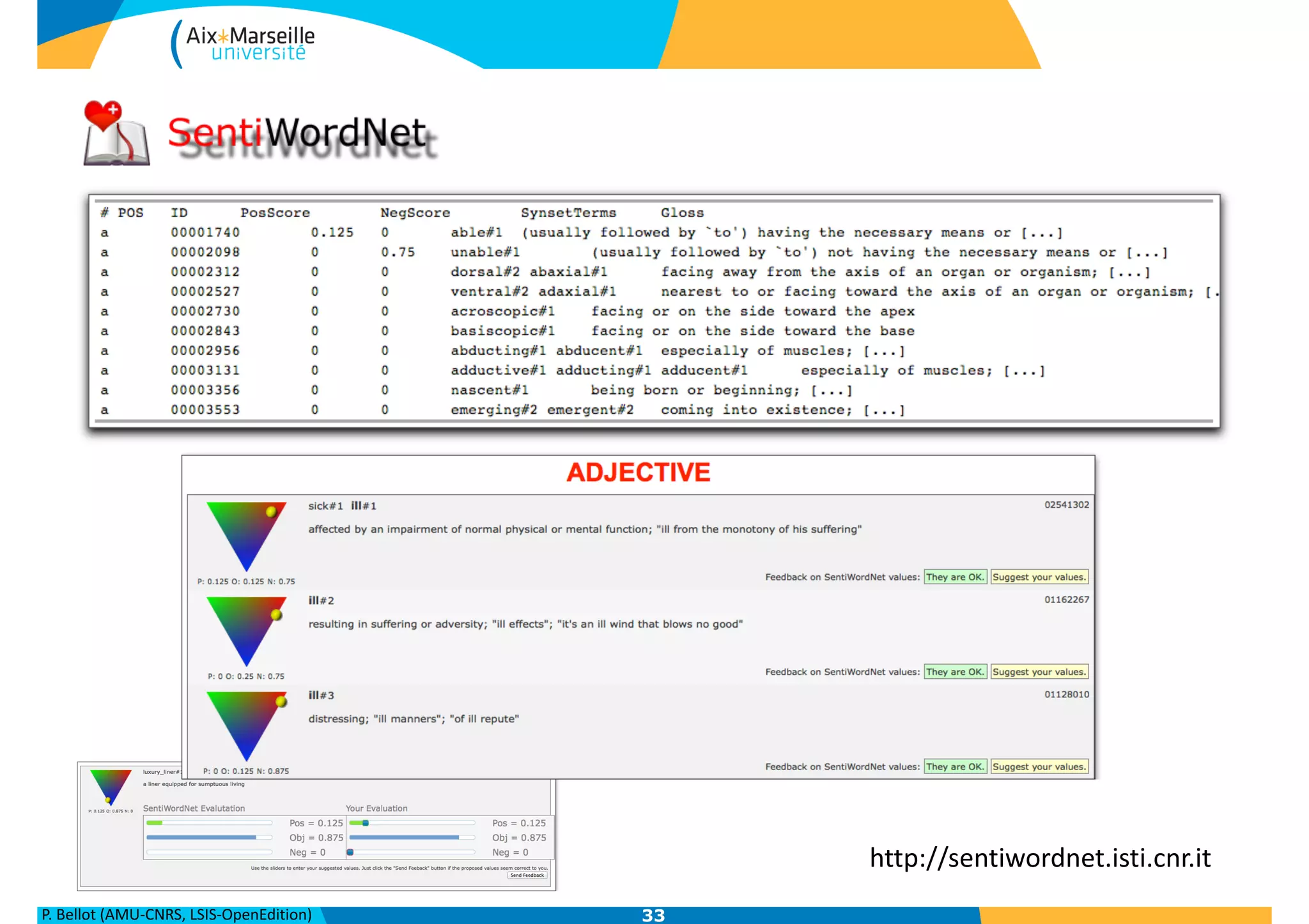 P.	
  Bellot	
  (AMU-­‐CNRS,	
  LSIS-­‐OpenEdition) 33
http://sentiwordnet.isti.cnr.it
 