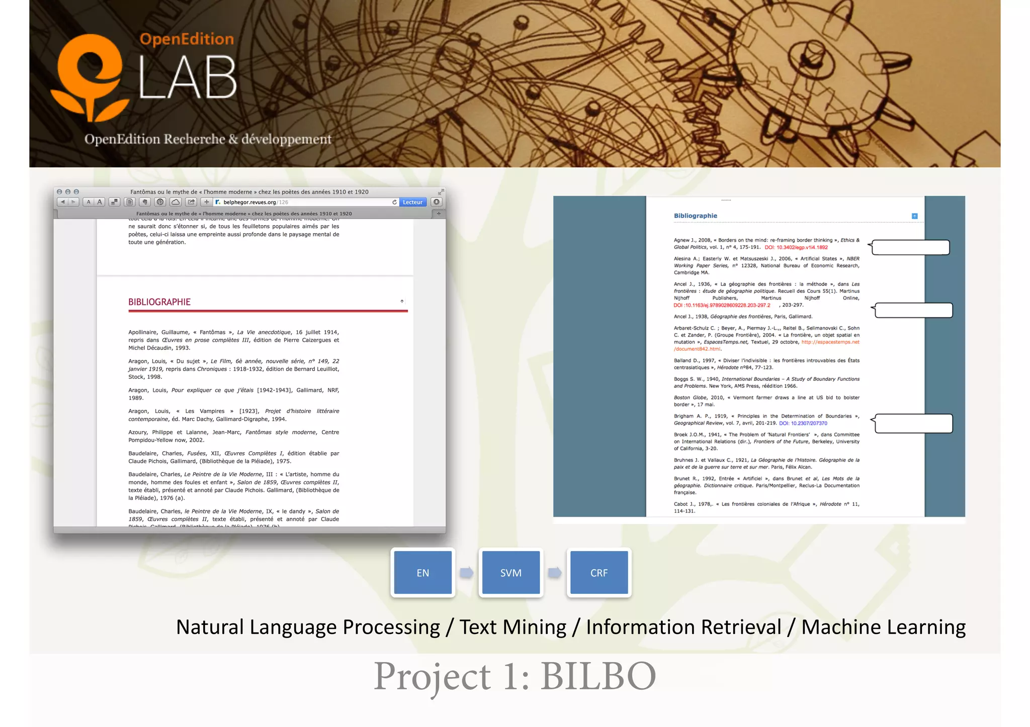 Project 1: BILBO
EN SVM CRF
Natural	
  Language	
  Processing	
  /	
  Text	
  Mining	
  /	
  Information	
  Retrieval	
  /	
  Machine	
  Learning
 