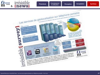 Connaissance
                                                                                    Préambule                               Perception   Acceptation   Synthèse
                                                                                                            & utilisation
                      &




Opened Mind pour Irrésistible News : Les services de géolocalisation sur téléphone portable – Avril 2011                                                          28
 