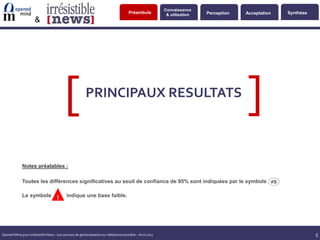Connaissance
                                                                                       Préambule            & utilisation   Perception   Acceptation   Synthèse
                      &




                                                                                                                                         [
                                          [              PRINCIPAUX RESULTATS



             Notes préalables :

             Toutes les différences significatives au seuil de confiance de 95% sont indiquées par le symbole ≠S

             Le symbole                     indique une base faible.
                                     !




Opened Mind pour Irrésistible News : Les services de géolocalisation sur téléphone portable – Avril 2011                                                          5
 