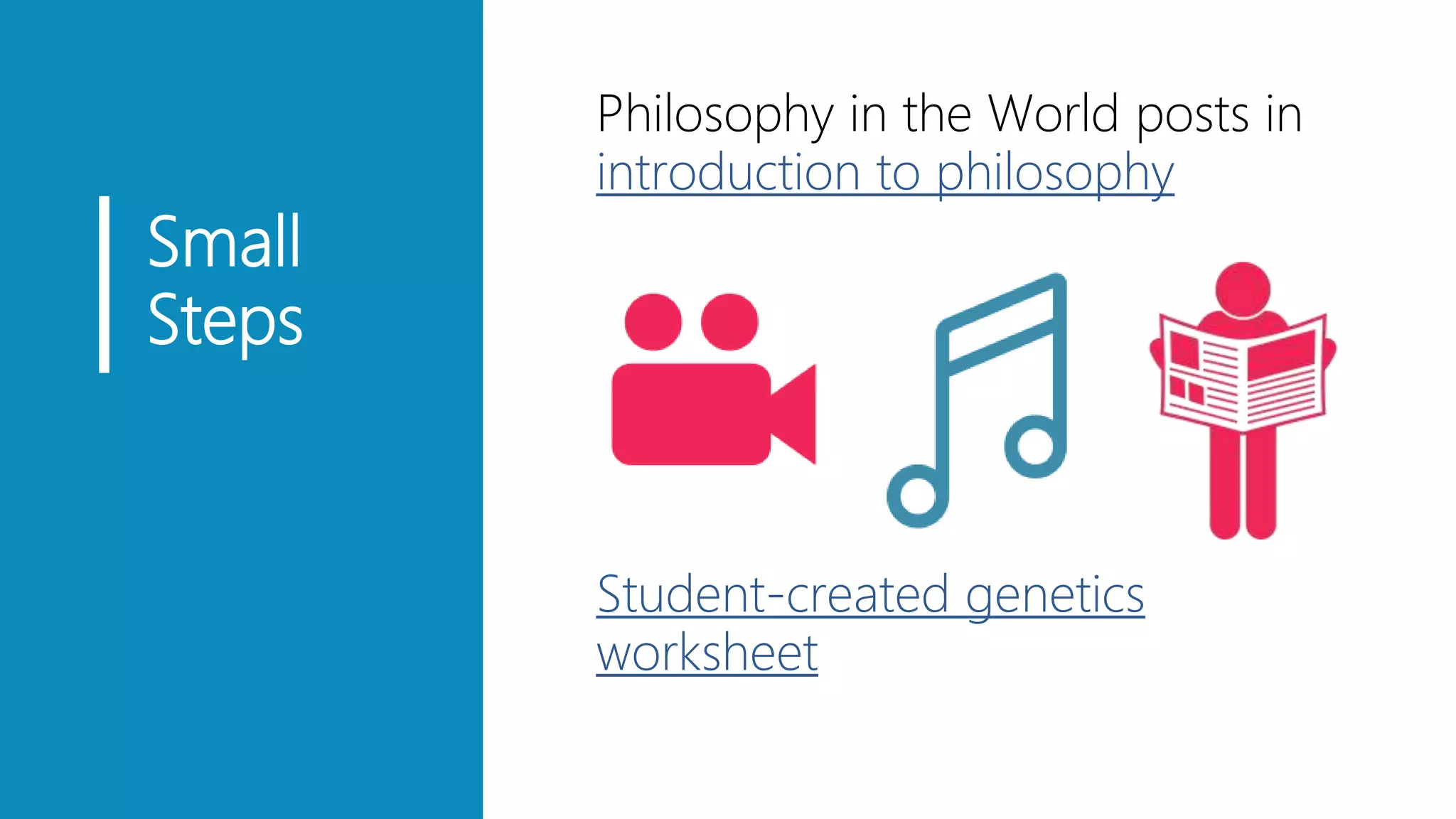 Small
Steps
▪ Philosophy in the World posts in
introduction to philosophy
▪ Student-created genetics
worksheet
 