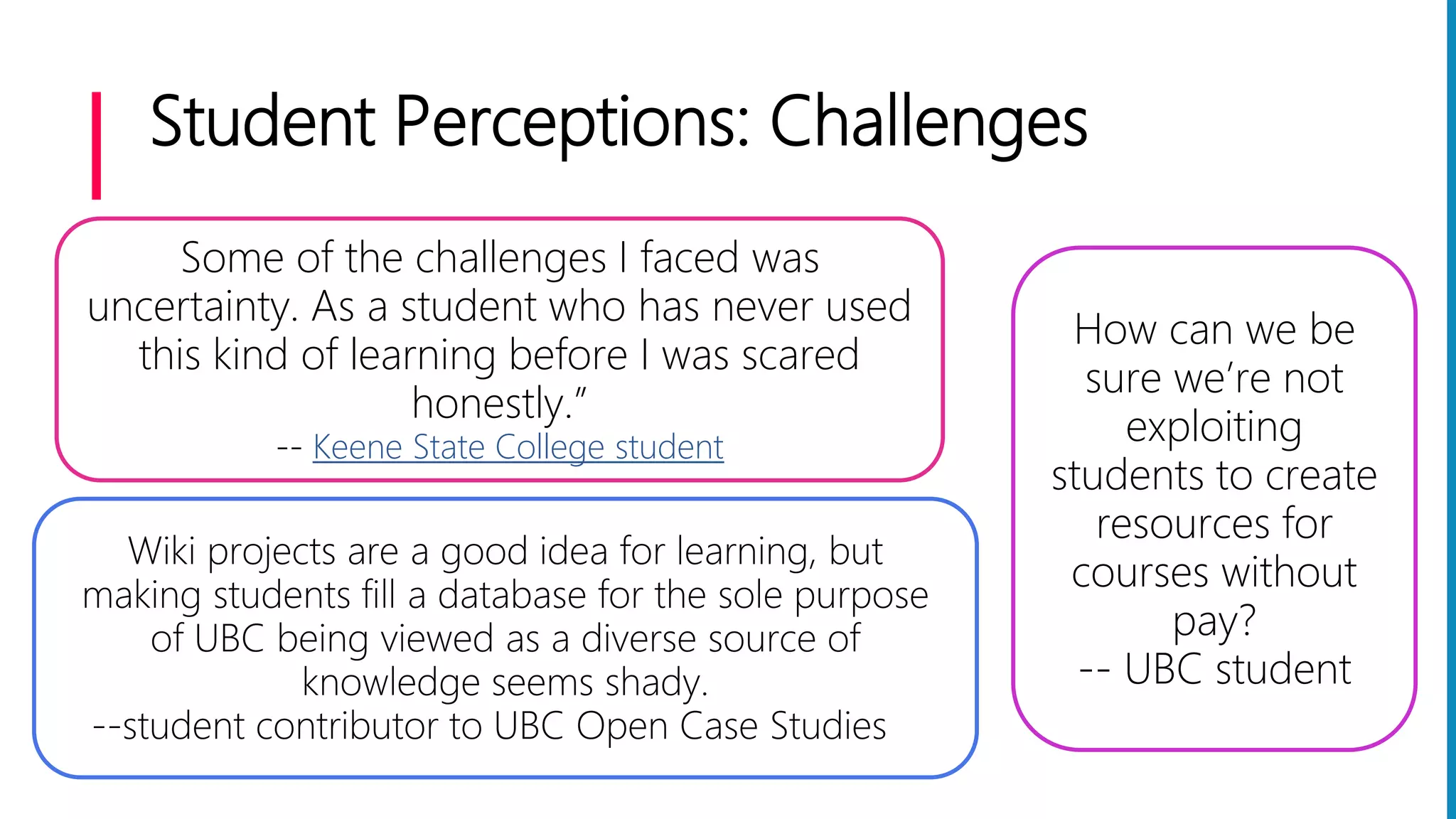 Student Perceptions: Challenges
Wiki projects are a good idea for learning, but
making students fill a database for the sole purpose
of UBC being viewed as a diverse source of
knowledge seems shady.
--student contributor to UBC Open Case Studies
Some of the challenges I faced was
uncertainty. As a student who has never used
this kind of learning before I was scared
honestly.”
-- Keene State College student
How can we be
sure we’re not
exploiting
students to create
resources for
courses without
pay?
-- UBC student
 