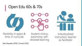 Open Edu 60s & 70s
Flexibility in space &
time, in curricula
Student choice,
autonomy; self-
directed learning
Individualized
instruction; teacher
as facilitator
See Paquette (1979), Tunnell (1975)
 