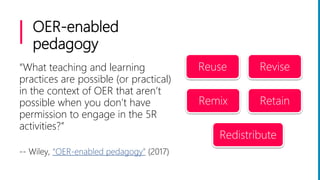 OER-enabled
pedagogy
“What teaching and learning
practices are possible (or practical)
in the context of OER that aren’t
possible when you don’t have
permission to engage in the 5R
activities?”
-- Wiley, “OER-enabled pedagogy” (2017)
Reuse Revise
Remix Retain
Redistribute
 