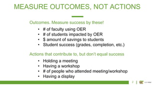 MEASURE OUTCOMES, NOT ACTIONS
2
Outcomes. Measure success by these!
• # of faculty using OER
• # of students impacted by OER
• $ amount of savings to students
• Student success (grades, completion, etc.)
Actions that contribute to, but don’t equal success
• Holding a meeting
• Having a workshop
• # of people who attended meeting/workshop
• Having a display
 