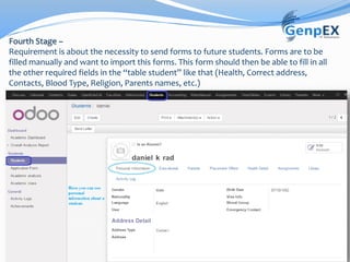 Fourth Stage –
Requirement is about the necessity to send forms to future students. Forms are to be
filled manually and want to import this forms. This form should then be able to fill in all
the other required fields in the “table student” like that (Health, Correct address,
Contacts, Blood Type, Religion, Parents names, etc.)
 