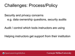 Challenges: Process/Policy

Security and privacy concerns
  e.g. data ownership questions, security audits

Audit / contro...