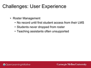 Challenges: User Experience

   • Roster Management
      • No record until first student access from their LMS
      • St...