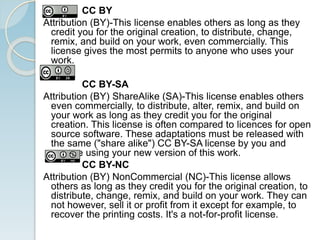 CC BY
Attribution (BY)-This license enables others as long as they
credit you for the original creation, to distribute, change,
remix, and build on your work, even commercially. This
license gives the most permits to anyone who uses your
work.
CC BY-SA
Attribution (BY) ShareAlike (SA)-This license enables others
even commercially, to distribute, alter, remix, and build on
your work as long as they credit you for the original
creation. This license is often compared to licences for open
source software. These adaptations must be released with
the same ("share alike") CC BY-SA license by you and
anyone using your new version of this work.
CC BY-NC
Attribution (BY) NonCommercial (NC)-This license allows
others as long as they credit you for the original creation, to
distribute, change, remix, and build on your work. They can
not however, sell it or profit from it except for example, to
recover the printing costs. It's a not-for-profit license.
 