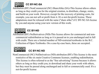 CC BY-NC-SA
Attribution (BY) NonCommercial (NC) ShareAlike (SA)-This license allows others
as long as they credit you for the original creation, to distribute, change, remix,
and build on your work. However, except for the recovery of printing costs, for
example, you can not sell or profit from it. It's a not-for-profit license. These
adaptations must be released with the same ("share alike") CC BY-NC-SA license
by you and anyone using your new version of this work.
CC BY-ND
Attribution (BY) NoDerivatives (ND)-This license allows for commercial and non-
commercial redistribution as long as it is passed on to you unchanged and in full
with credit. There are a limited number of ND-restricted textbooks in the B.C.
Collection of Open Textbooks. On a case-by-case basis, these are accepted.
CC BY-NC-ND
NonCommercial (NC) NoDerivatives (ND) attribution (BY)-This license is the most
restrictive of the six main Creative Commons licenses, enabling redistribution.
This license is often referred to as the "free advertising" license because it allows
others as long as they credit you, to download and share your work with others,
but they must be passed along unchanged and in full or commercially used. It's a
not-for-profit license
 