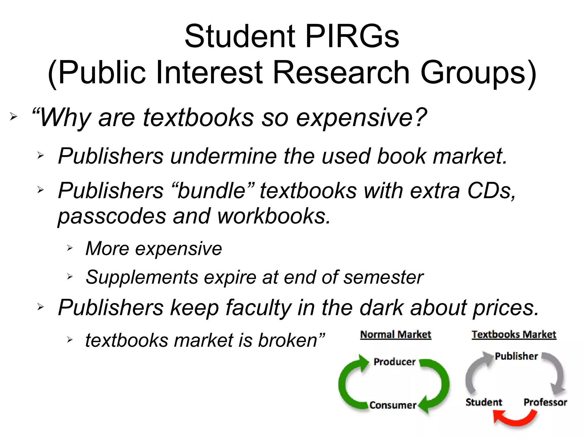Student PIRGs
        (Public Interest Research Groups)
➢   “Why are textbooks so expensive?
    ➢   Publishers undermine the used book market.
    ➢   Publishers “bundle” textbooks with extra CDs,
        passcodes and workbooks.
         ➢   More expensive
         ➢   Supplements expire at end of semester
    ➢   Publishers keep faculty in the dark about prices.
         ➢   textbooks market is broken”
 