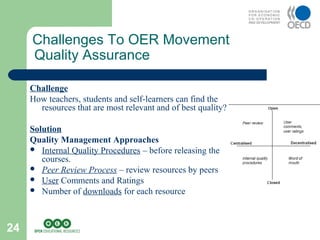 24
Challenge
How teachers, students and self-learners can find the
resources that are most relevant and of best quality?
Solution
Quality Management Approaches
 Internal Quality Procedures – before releasing the
courses.
 Peer Review Process – review resources by peers
 User Comments and Ratings
 Number of downloads for each resource
Challenges To OER Movement
Quality Assurance
 