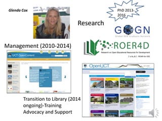 Transition to Library (2014
ongoing)-Training
Advocacy and Support
Management (2010-2014)
Research
PhD 2013-
2016
Glenda Cox
 