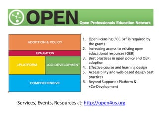 “In order to ensure that the Federal investment of these funds has as broad
an impact as possible and to encourage innovation in the development of
new learning materials, as a condition of the receipt of a TAACCCT grant, the
grantee will be required to license to the public (not including the Federal
Government) all work created with the support of the grant (Work) under a
Creative Commons Attribution 3.0 (CCBY) license. Work that must be licensed
under the CCBY includes both new content created with the grant funds and
modifications made to pre-existing, grantee-owned content using grant
funds. This license allows subsequent users to copy, distribute, transmit and
adapt the copyrighted Work and requires such users to attribute the Work in
the manner specified by the grantee.”
 