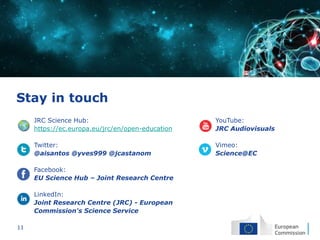 11
Stay in touch
JRC Science Hub:
https://ec.europa.eu/jrc/en/open-education
Twitter:
@aisantos @yves999 @jcastanom
Facebook:
EU Science Hub – Joint Research Centre
LinkedIn:
Joint Research Centre (JRC) - European
Commission's Science Service
YouTube:
JRC Audiovisuals
Vimeo:
Science@EC
 