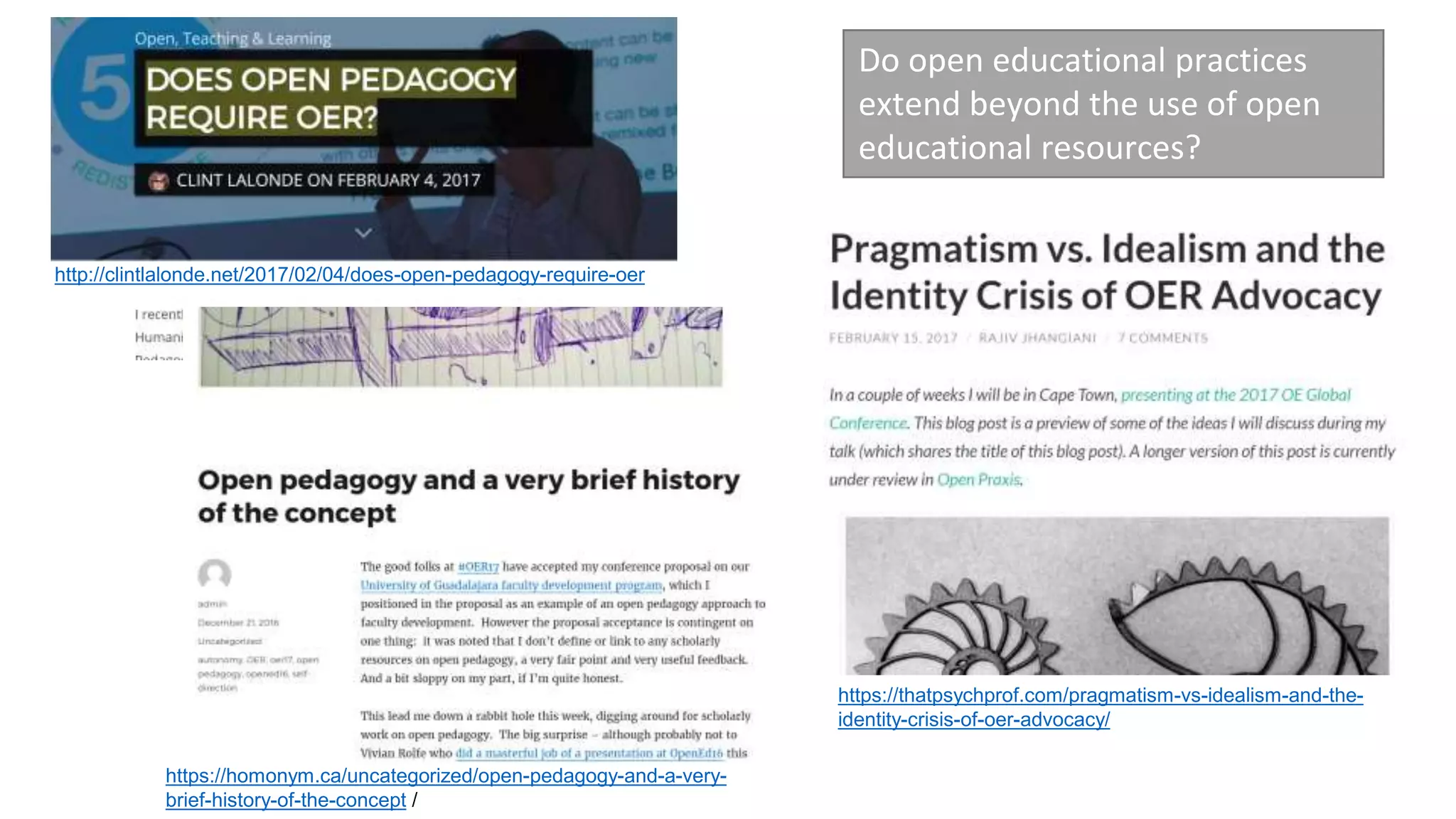 https://thatpsychprof.com/pragmatism-vs-idealism-and-the-
identity-crisis-of-oer-advocacy/
http://clintlalonde.net/2017/02/04/does-open-pedagogy-require-oer
https://homonym.ca/uncategorized/open-pedagogy-and-a-very-
brief-history-of-the-concept /
Do open educational practices
extend beyond the use of open
educational resources?
 