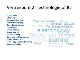 Vertrekpunt 2: Technologie of ICT
F2F learning
E-learning
Networked learning
Distributed learning
Game-based learning
Tele-learning
Online learning
Virtual learning
Mobile learning
Computer-assisted learning
Distance learning
Technology-enhanced learning
Blended learning
…
 
