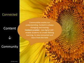 Content
↓
Community
Connected
CC0 Alan Levine
Communities evolve our
understanding. Content is always
changing and moving.
Content curation - top digital skill -
enable students to create lifelong
learning, to stay connected and
learn from the field
 