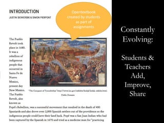 Constantly
Evolving:
Students &
Teachers
Add,
Improve,
Share
Opentextbook
created by students
as part of
assignments
 
