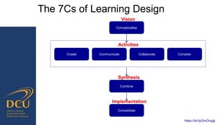 The 7Cs of Learning Design
Conceptualise
Vision
CommunicateCreate ConsiderCollaborate
Activities
Combine
Synthesis
Consolidate
Implementation
https://bit.ly/2mOnqgt
 