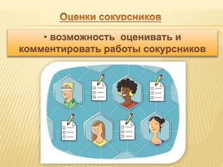 • возможность оценивать и 
комментировать работы сокурсников 
 