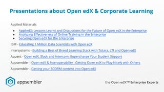 Presentations about Open edX & Corporate Learning
Applied Materials
● AppliedX: Lessons Learnt and Discussions for the Future of Open edX in the Enterprise
● Analyzing Effectiveness of Online Training in the Enterprise
● Securing Open edX for the Enterprise
IBM - Educating 1 Million Data Scientists with Open edX
Intersystems - Building a Best of Breed Learning Stack with Totara, LTI and Open edX
Aquent - Open edX, Slack and Intercom: Supercharge Your Student Support
Appsembler - Open edX & Interoperability : Getting Open edX to Play Nicely with Others
Appsembler - Getting your SCORM content into Open edX
 