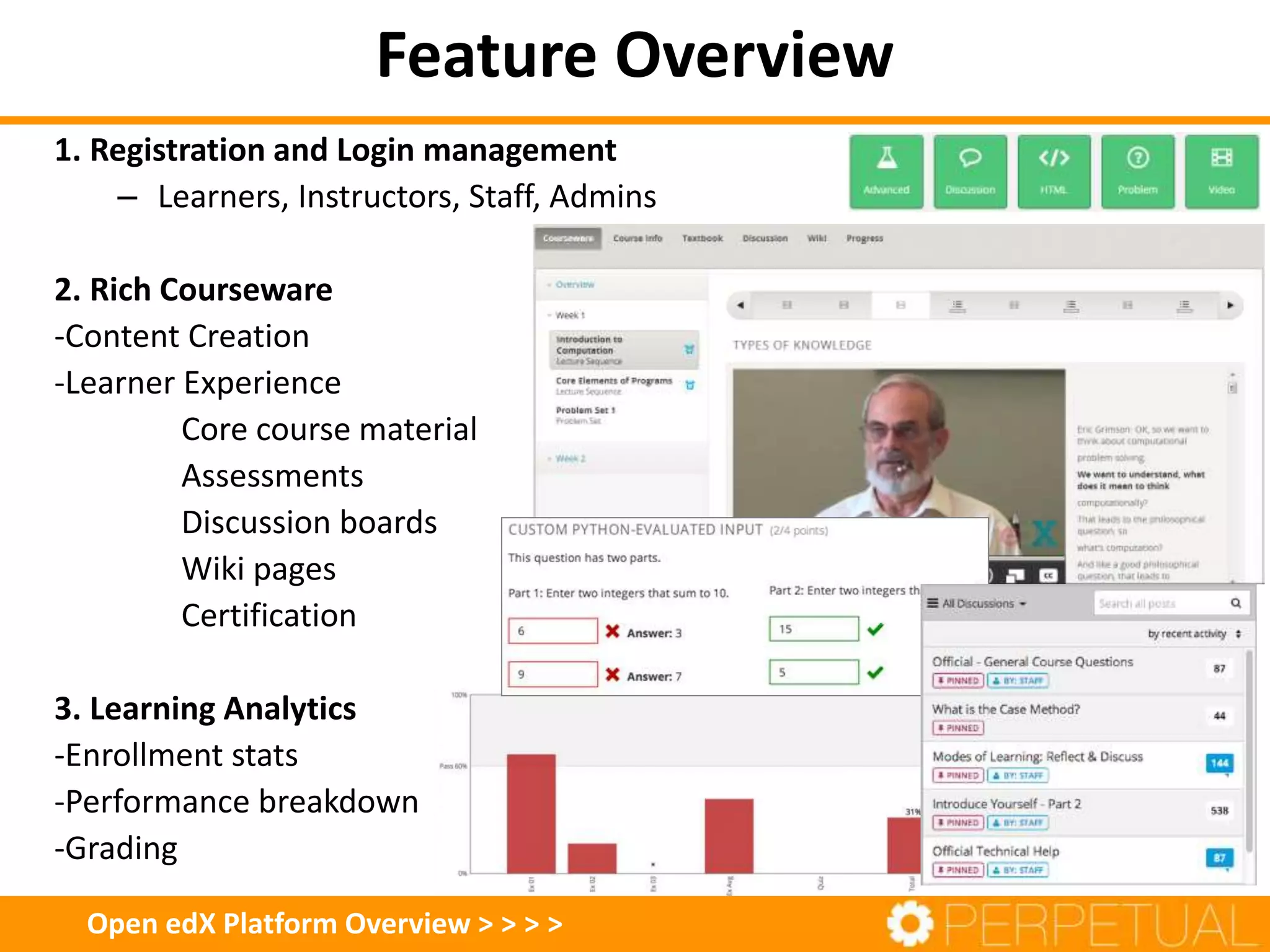 1. Registration and Login management
– Learners, Instructors, Staff, Admins
2. Rich Courseware
-Content Creation
-Learner Experience
Core course material
Assessments
Discussion boards
Wiki pages
Certification
3. Learning Analytics
-Enrollment stats
-Performance breakdown
-Grading
Vishal GandhiFeature Overview
Open edX Platform Overview > > > >
 