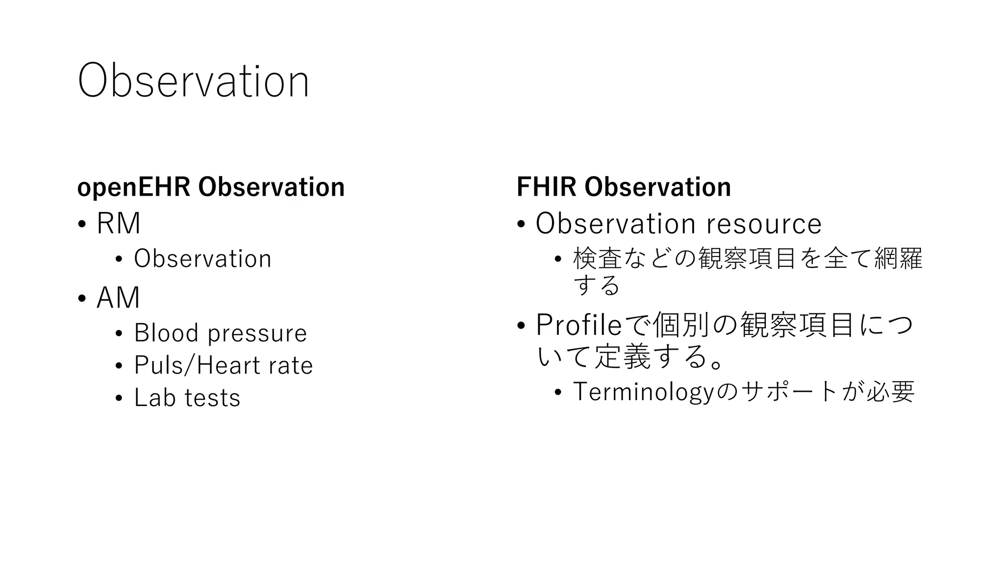 Observation
openEHR Observation
• RM
• Observation
• AM
• Blood pressure
• Puls/Heart rate
• Lab tests
FHIR Observation
• Observation resource
• 検査などの観察項目を全て網羅
する
• Profileで個別の観察項目につ
いて定義する。
• Terminologyのサポートが必要
 