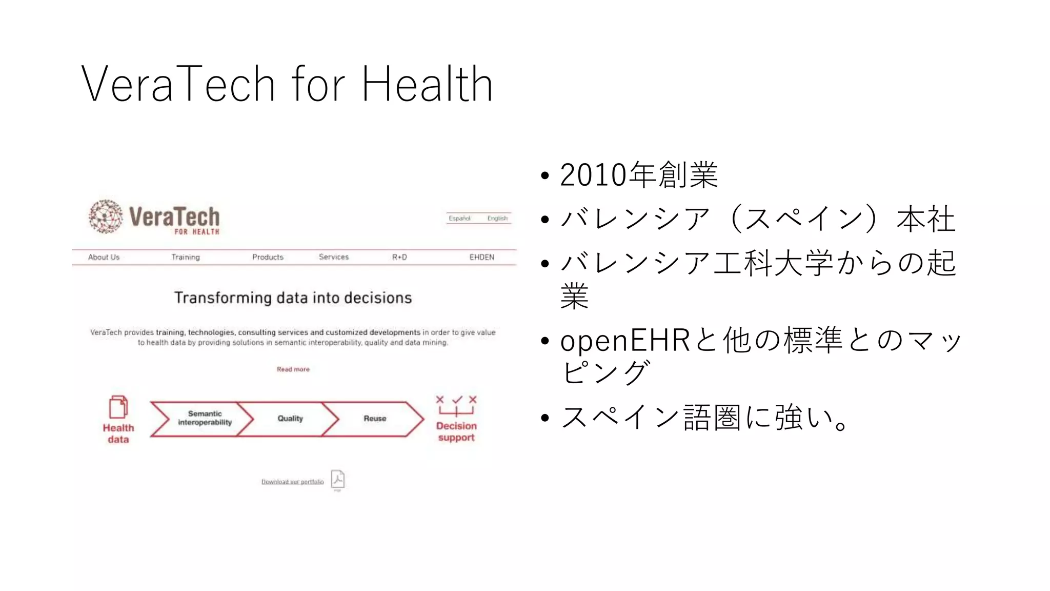 VeraTech for Health
• 2010年創業
• バレンシア（スペイン）本社
• バレンシア工科大学からの起
業
• openEHRと他の標準とのマッ
ピング
• スペイン語圏に強い。
 