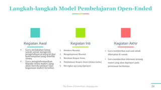 Langkah-langkah Model Pembelajaran Open-Ended
The Power of PowerPoint | thepopp.com 20
• Guru melakukan tanya
jawab untuk mengecek
pengetahuan prasyarat dan
keterampilan yang dimiliki
siswa.
• Guru menginformasikan
kepada siswa materi yang
akan mereka pelajari dan
kegunaan materi tersebut.
Kegiatan Awal
1. Memberi Masalah
2. Mengeksplorasi Masalah
3. Merekam Respon Siswa
4. Pembahasan Respon Siswa (diskusi kelas)
5. Meringkas apa yang dipelajari
Kegiatan Inti
• Guru memberikan soal-soal untuk
dikerjakan di rumah.
• Guru memberikan informasi tentang
materi yang akan dipelajari pada
pertemuan berikutnya.
Kegiatan Akhir
 