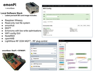 emonPi
Local Software Stack
- Latest pre-built SD card image includes:
● Raspbian Wheezy
● Read-only root file system
● emonHub
● MQTT
● Emoncms with low write optimisations
● WIFI config GUI
● NodeRED
● openHAB
● LightWave RF OOK MQTT - RF plug control
emonBase: RasPi + RFM69Pi
+ emonBase
 