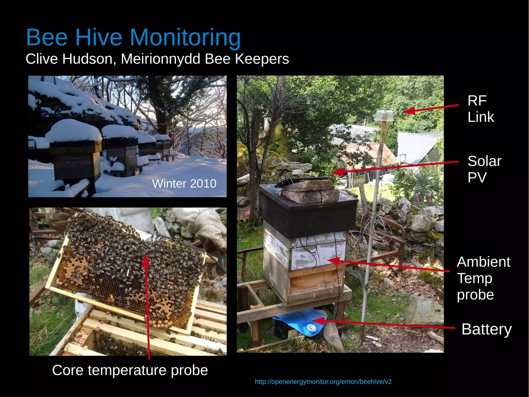 Bee Hive Monitoring
Clive Hudson, Meirionnydd Bee Keepers

                                                                                RF
                                                                                Link


                                                                                Solar
                 Winter 2010                                                    PV




                                                                               Ambient
                                                                               Temp
                                                                               probe

                                                                               Battery

   Core temperature probe
                                http://openenergymonitor.org/emon/beehive/v2
 