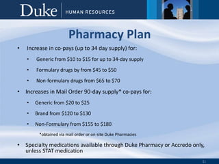 11
Pharmacy Plan
• Increase in co-pays (up to 34 day supply) for:
• Generic from $10 to $15 for up to 34-day supply
• Formulary drugs by from $45 to $50
• Non-formulary drugs from $65 to $70
• Increases in Mail Order 90-day supply* co-pays for:
• Generic from $20 to $25
• Brand from $120 to $130
• Non-Formulary from $155 to $180
*obtained via mail order or on-site Duke Pharmacies
• Specialty medications available through Duke Pharmacy or Accredo only,
unless STAT medication
 
