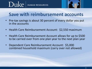 18
Save with reimbursement accounts
• Pre-tax savings is about 30 percent of every dollar you put
in the accounts
• Health Care Reimbursement Account: $2,550 maximum
• Health Care Reimbursement Account allows for up to $500
to be carried over from one plan year to the next plan year
• Dependent Care Reimbursement Account: $5,000
combined household maximum (carry over not allowed)
 