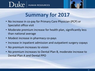 20
Summary for 2017
• No increase in co-pay for Primary Care Physician (PCP) or
Specialist office visit
• Moderate premium increase for health plan, significantly less
than national average
• Modest increase in pharmacy co-pays
• Increase in inpatient admission and outpatient surgery copays
• No premium increases to vision
• No premium increases to Dental Plan B, moderate increase to
Dental Plan A and Dental PPO
 