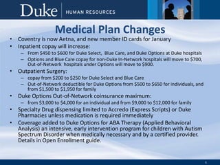 6
Medical Plan Changes
• Coventry is now Aetna, and new member ID cards for January
• Inpatient hospitalization copay increase:
– From $450 to $600 for Duke Select, Blue Care, and Duke Options at Duke hospitals
– Options and Blue Care copay for non-Duke In-Network hospitals will move to $700, Out-of-
Network hospitals under Options will move to $900.
• Outpatient Surgery copay increase from $200 to $250 for Duke Select and Blue Care
• Out-of-Network annual deductible for Duke Options:
– from $500 to $650 for individuals, and from $1,500 to $1,950 for family
• Duke Options Out-of-Network coinsurance maximum:
– from $3,000 to $4,000 for an individual and from $9,000 to $12,000 for family
• Specialty Drug dispensing limited to Accredo (Express Scripts) or Duke Pharmacies
unless medication is required immediately
• Coverage added to Duke Options for ABA Therapy (Applied Behavioral Analysis) an
intensive, early intervention program for children with Autism Spectrum Disorder
when medically necessary and by a certified provider.
– Details on www.hr.duke.edu
• Dollar maximum for transgender surgery will be eliminated from Duke Options
 