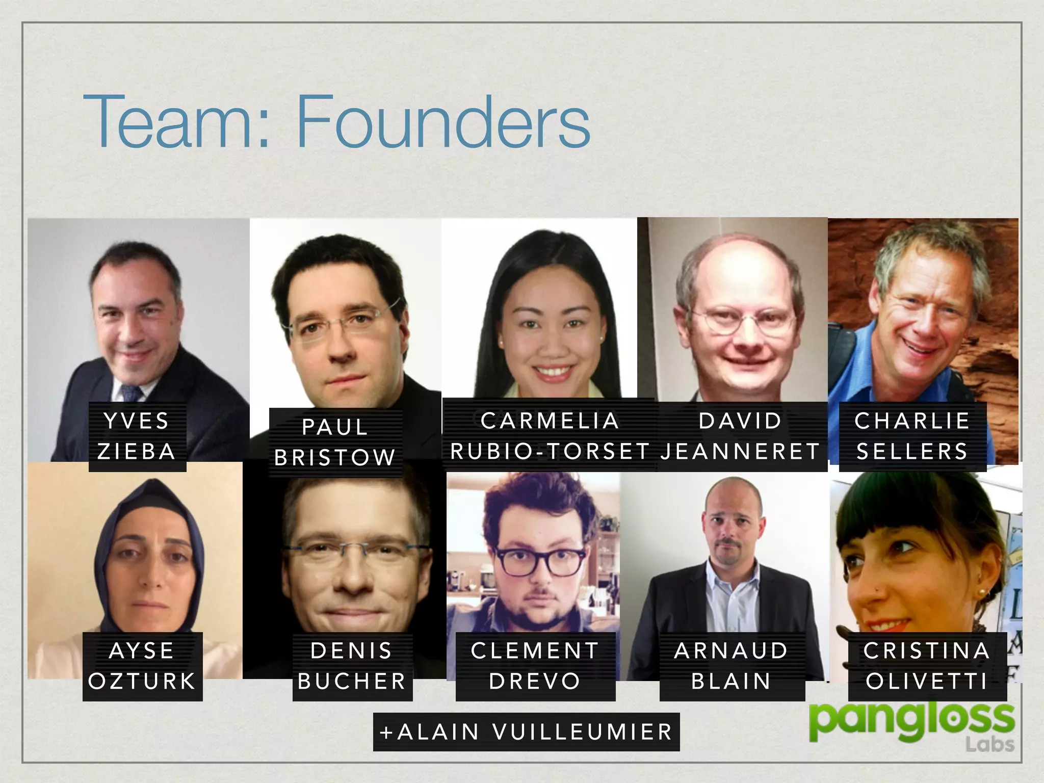 Team: Founders
Founders & Management
Paul Bristow, Yves Zieba, David Jeanneret,
Arnaud Blain, Cristina Olivetti, Charlie Sellers,
Ayse Ozturk, Alain Vuilleumier, Denis Bucher,
Clement Drevo, Carmelia Rubio-Torset
Y V E S
Z I E B A
PA U L
B R I S T O W
C A R M E L I A
R U B I O -
D AV I D
J E A N N E R E T
C H A R L I E
S E L L E R S
C A R M E L I A
R U B I O - T O R S E T
AY S E
O Z T U R K
D E N I S
B U C H E R
C L E M E N T
D R E V O
A R N A U D
B L A I N
C R I S T I N A
O L I V E T T I
+ A L A I N V U I L L E U M I E R
 