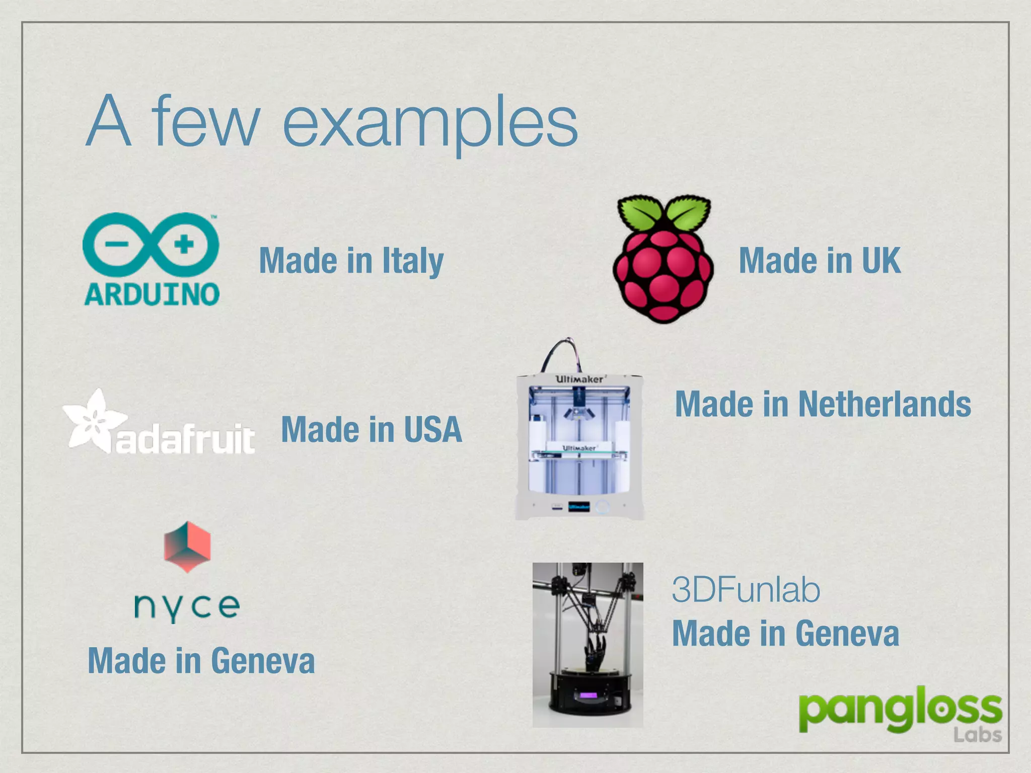 A few examples
Made in USA
Made in Italy Made in UK
Made in Netherlands
Made in Geneva
3DFunlab
Made in Geneva
 