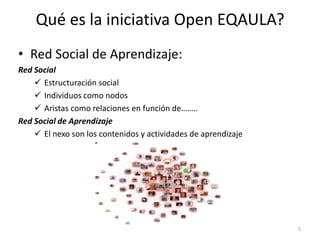 Qué es la iniciativa Open EQAULA?
• Red Social de Aprendizaje:
Red Social
     Estructuración social
     Individuos como nodos
     Aristas como relaciones en función de……..
Red Social de Aprendizaje
     El nexo son los contenidos y actividades de aprendizaje




                                                                5
 