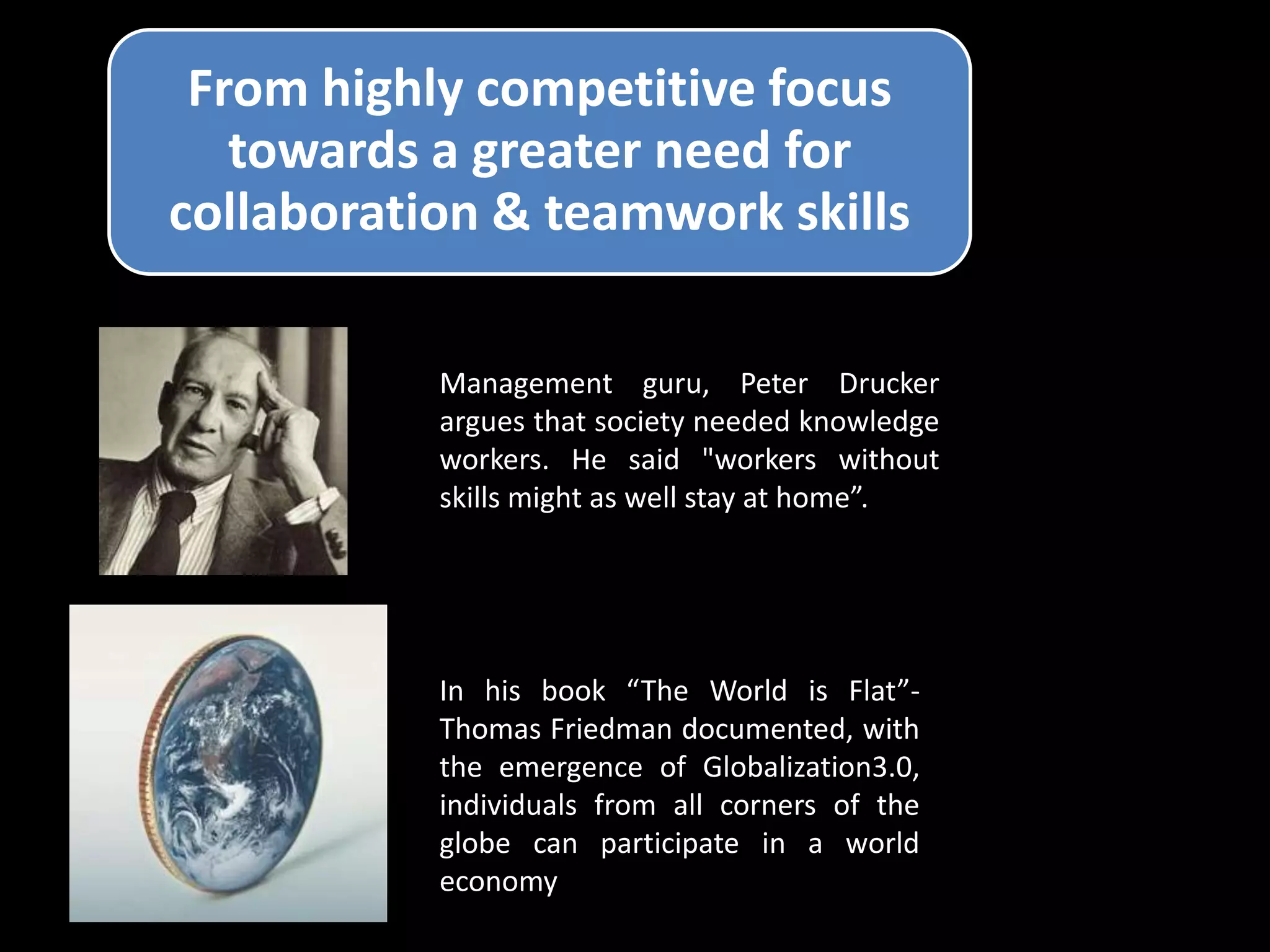 From highly competitive focus
   towards a greater need for
collaboration & teamwork skills

           Management guru, Peter Drucker
           argues that society needed knowledge
           workers. He said "workers without
           skills might as well stay at home”.




           In his book “The World is Flat”-
           Thomas Friedman documented, with
           the emergence of Globalization3.0,
           individuals from all corners of the
           globe can participate in a world
           economy
 
