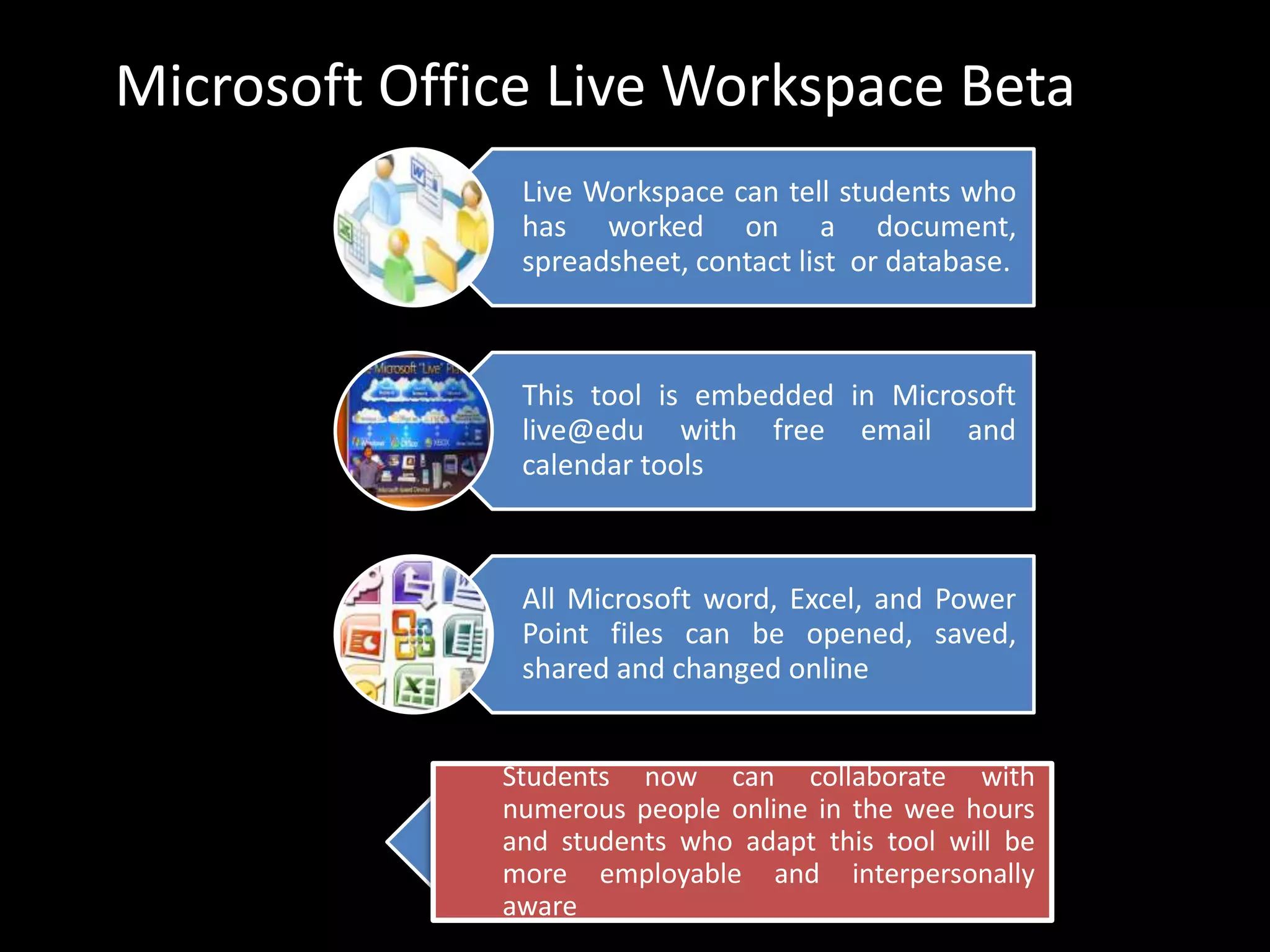 Microsoft Office Live Workspace Beta
               Live Workspace can tell students who
               has worked on a document,
               spreadsheet, contact list or database.



               This tool is embedded in Microsoft
               live@edu with free email and
               calendar tools



               All Microsoft word, Excel, and Power
               Point files can be opened, saved,
               shared and changed online


              Students now can collaborate with
              numerous people online in the wee hours
              and students who adapt this tool will be
              more employable and interpersonally
              aware
 