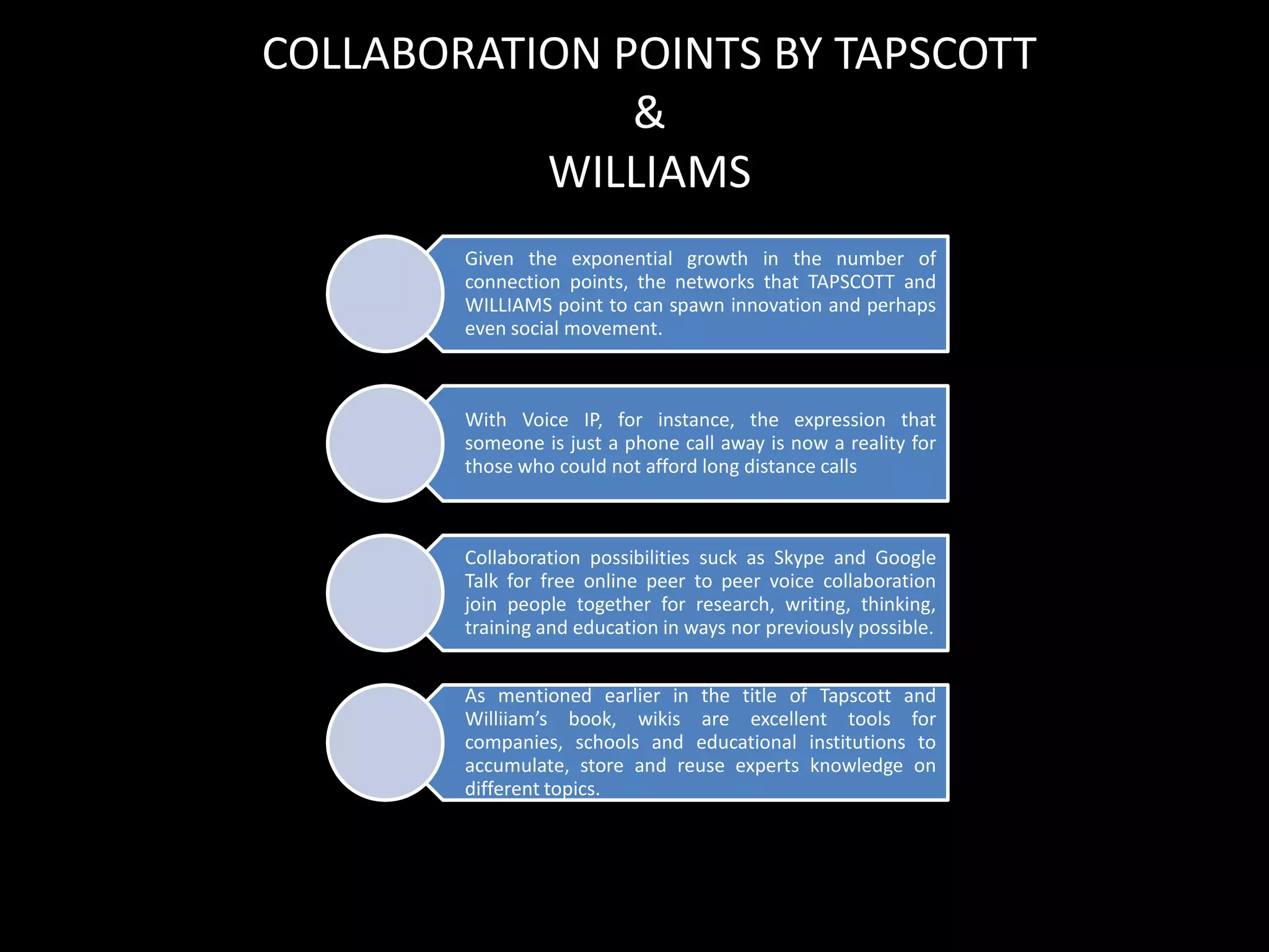 COLLABORATION POINTS BY TAPSCOTT
               &
           WILLIAMS
        Given the exponential growth in the number of
        connection points, the networks that TAPSCOTT and
        WILLIAMS point to can spawn innovation and perhaps
        even social movement.



        With Voice IP, for instance, the expression that
        someone is just a phone call away is now a reality for
        those who could not afford long distance calls



        Collaboration possibilities suck as Skype and Google
        Talk for free online peer to peer voice collaboration
        join people together for research, writing, thinking,
        training and education in ways nor previously possible.


        As mentioned earlier in the title of Tapscott and
        Williiam’s book, wikis are excellent tools for
        companies, schools and educational institutions to
        accumulate, store and reuse experts knowledge on
        different topics.
 